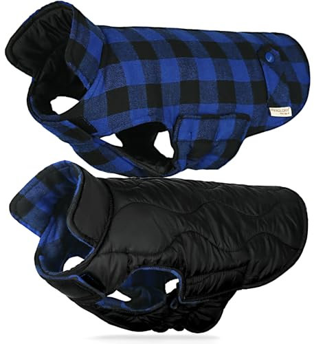 VIVAGLORY Softjoy Hundemantel, Wintermantel mit Bauchschutz & Klettverschluss, Hundejacke für Winter & Weihnachten, Warm Softshell Kariert Schnittmuster Verstellbar, XXS, Schwarz Blau