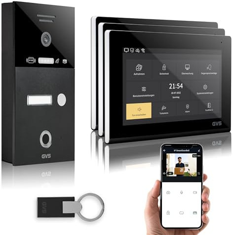 GVS - IP Video Türsprechanlage mit Türöffner, Fingerprint & RFID, HD Kamera, 3X 7 Zoll Monitor & App - Smarte Video Türklingel mit Kamera & Gegensprechanlage für 1 Familienhaus (AVS5286A)