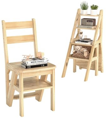 Baoz Scala per biblioteca 3 in 1, sedia pieghevole a 4 ripiani, sgabello convertibile e espositore con fissaggio con fibbia di bloccaggio, capacità di 136 kg, sgabello per cucina, biblioteca, ufficio