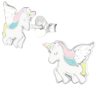 Monkimau Einhorn Kinder Ohrringe | 925 Silber | Mädchen Ohrstecker Schmuck | Hypoallergen & Nickelfrei | Kinderohrringe Geschenkidee