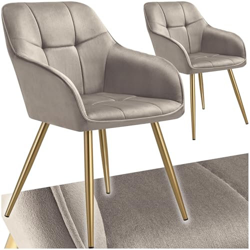 tectake® Samt Stuhl, Esszimmerstuhl mit Stepp Samtstoff, Küchenstühle modern, gemütlicher Sessel Wohnzimmer, Armlehnstuhl Esszimmer, Dining Lounge, Schminktisch Stuhl - Taupe/Gold, 2er Set