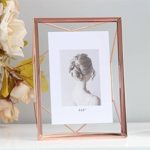 Rustic Picture Frames 7x9 Inches Glass Rectangle Geometric Frame Photo Frames for Tabletop Display, Horizontal & Vertical, Rose Gold