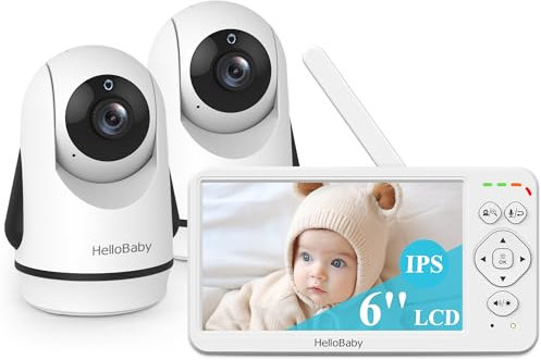 HelloBaby Baby Monitor with 2 Cameras, Large 6'' Video Baby Monitor No WiFi,30-Hour Long Battery, 320° Pan-Tilt Camera with 2X Zoom, Auto Night Vision, 2-Way Talk,ECO,1000ft, Portable, 150 Languages