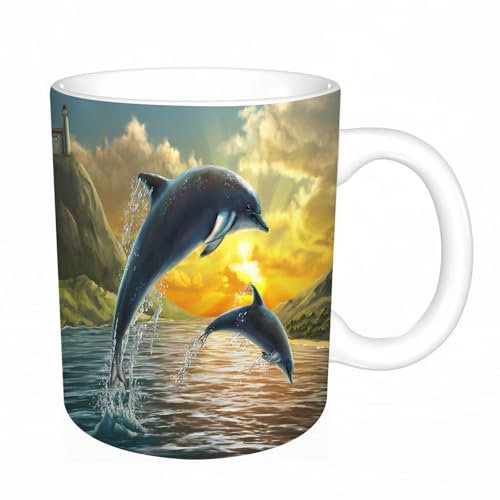 YFHJV Tazza in ceramica originale,11 once di tazze 330 ml,Due delfini che saltano fuori dal mare sopra uno splendido tramonto. Dipi,tazza divertente - decora la tua tazza