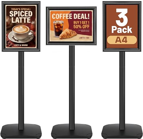 VAIIGO Lot de 3 Porte Affiche A4 robuste sur Pied - Base fonte lestée, Rotation 360°, Cadre Clipsable - Présentoir Support Panneau – Pour Avis, Publicité, Support Document Bureau | Noir