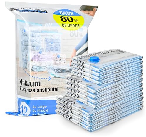 VZL Vakuumbeutel für Kleidung & Bettdecken – Vakuumbeutel Reise Set, Koffer Organizer, Kleidersack, Vacuum Bags for Clothing, Compression Packing Cubes, Wäschebeutel & Vakuumierbeutel (12er Pack)