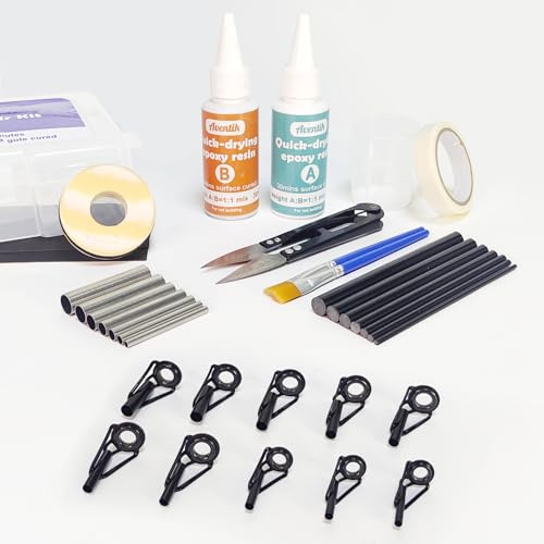 EUPHENG Fishing Rod Repair Kit with Carbon Fiber Sticks, Stainless Steel Tips, Tubes, Wrapping Thread & Fast-Drying Epoxy Glue for Rod Building Supplies(Carbon Stick+Stainless Tube+Tips)