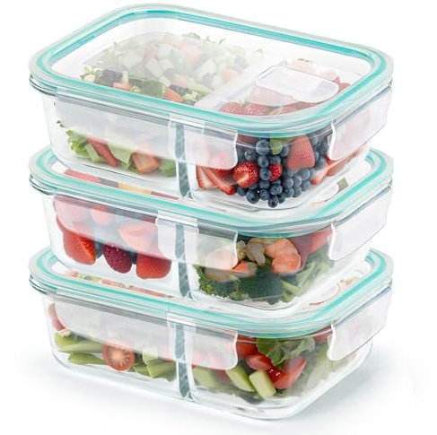 Mapille 3 Piezas Tupper cristal hermetico,1040ml Cajas Bento Calidad Alimentaria,con 2 Compartimentos y Tapa,Envases de Vidrio Herméticos,Apto para lavavajillas,Microondas y congelador