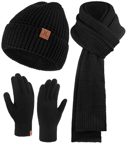 ZASFOU Winter Herren Mütze Schal Touchscreen Handschuhe Set mit Fleece Gefütterte Thermo Beanie Wintermütze Strickmütze Schlauchschal Winterhandschuhe Geschenk für Männer