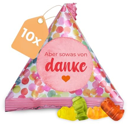 Fruchtgummi Bärchen 10er Pack Süßigkeiten Aber sowas von danke 10x15g | leckere Gummibärchen-Tetraeder, mit 10% Fruchtsaft, perfektes Dankeschön, Give-away, Gastgeschenk oder Mitgebsel