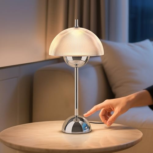 Tubicen Chrome Bedside Table Lamp Plug In Flowerpot Decor Transparent Striped Mushroom Table Lamp Memory Function Modern LED 4-Stage Touch Dimmable Desk Table Lamps for NightStands Bedroom Home Office