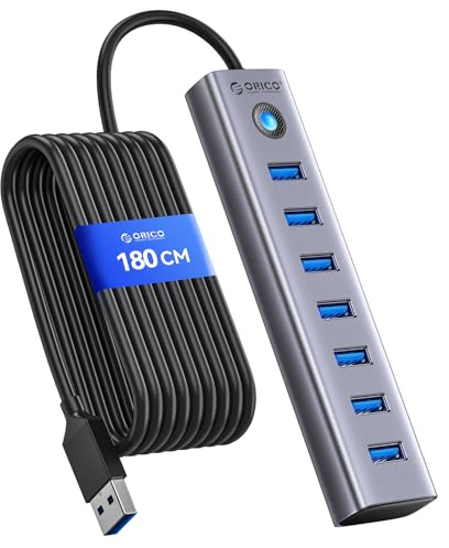 ORICO Hub USB 3.0, Hub USB 5Gbps in Alluminio 7 porte, Cavo Lungo 180CM con Porta di Alimentazione 5V/3A Type-C, Adattatore USB 3.0 Multipla Compatibile con MacBook, PS4, Surface Pro, HP