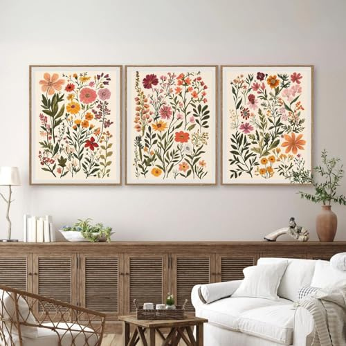 Xiyocadt 3er Poster Set Blume, Bunt Blumen Poster Schlafzimmer Wandbilder, Moderne Leinwandbilder, Bilder Wohnzimmer Deko Schlafzimmer (50x70 cm)