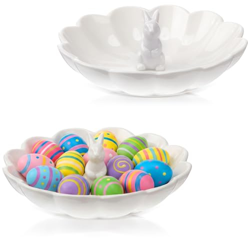 Domensi 2 Pcs Easter Bunny Candy Dish 7 Inch Ceramic Rabbit Plate Candy Bowl Snack Serving Bowl for Dessert Fruits Salads Easter Table Decoration