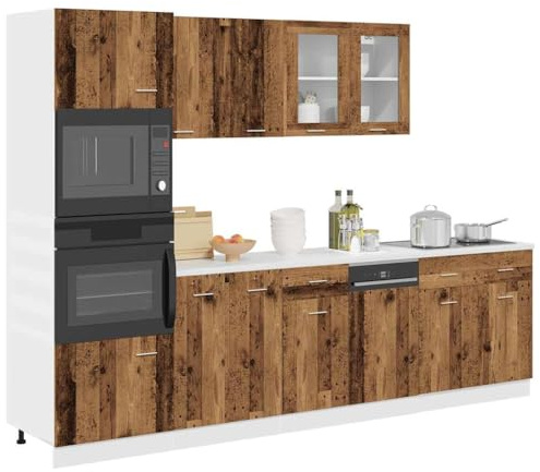 QJBSAVVA Küchenzeile Lyon 7-TLG Altholz Optik 80x46x81,5 cm Holzwerkstoff mit robustem Glas, Moderne Küchenschränke, platzsparend für Küche Esszimmer Flur