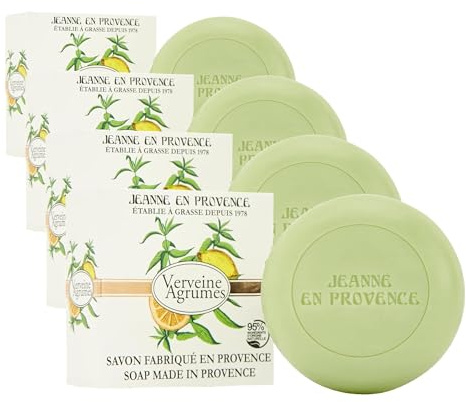 JEANNE EN PROVENCE - Savon Solide Corps & Mains - Parfum Verveine Agrumes - Nettoie, Adoucit & Parfume - 95% d'Ingrédients d'Origine Naturelle - Savon Fabriqué en Provence - 100 gr (Lot de 4)