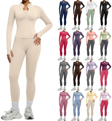 Sport Set Damen Yoga Pilates Outfit Sets Zweiteiler Bequem Elegant Reißverschluss Langarm Oberteile Mit Leggings Zweiteiliges Damen Trainingsanzug Set Sportset