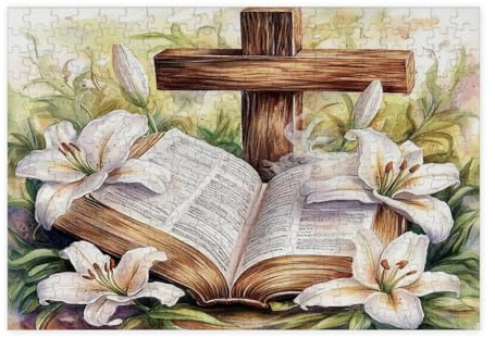 Puzzle de 300 pièces en bois avec croix de Pâques de printemps pour adultes, fleurs de lys, décorations de paysage naturel pour divertissement à la maison