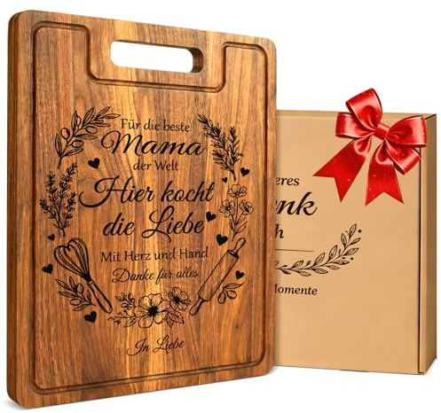 Geschenk Mama Geburtstag, XXL Akazienholz Schneidebrett Dick 2CM | mit Saftrille, Muttertagsgeschenk für Mama , Edles Geburtstagsgeschenk für Mutter inkl, Geschenkbox & Leinentuch