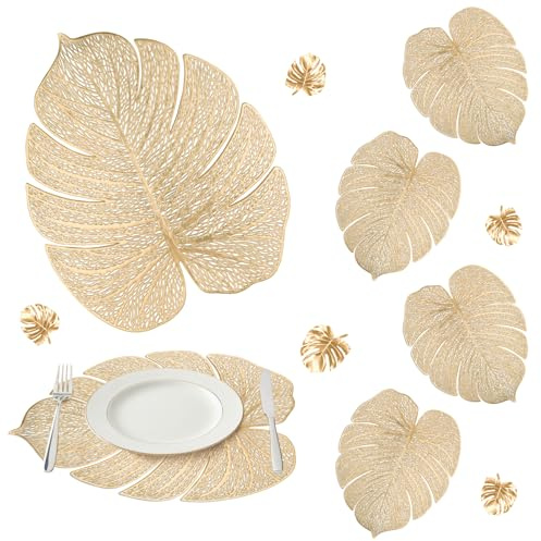 comfoyar Round Gold Palm Leaf Shaped Placemats Set of 6, 32x38cm Washable Wipeable Vinyl Metallic Hollow out Place Mats, Waterproof Oil Proof Table Mats for Kitchen Dining Party Table Decoration