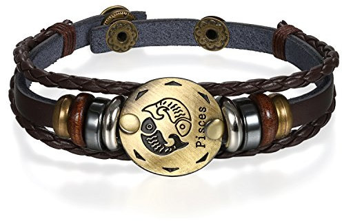 JewelryWe Schmuck Punk Modisch 12 Sternbilder Sternzeichen Herren Damen Charm Armband Geflochten Leder Legierung Multilayer Armreifen, 1/12 Stück - Fische