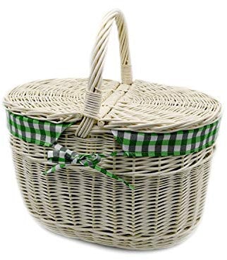 MyBer® Weidenkorb Korb aus Weide mit Stoffeinlage Picknickkorb Pilzkorb Autokorb Ausflugskorb 40/28/22cm (38cm mit Griff) Tragekorb mit 2 Deckeln Vollweide Einkaufskorb geflochten weiß K12-027-SHGG