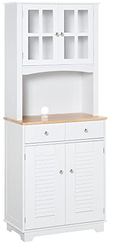 HOMCOM Credenza Alta per Cucina, Mobile Buffet in Legno Bianco, Armadio Dispensa in Stile Classico, Bianco, 68x39.5x170cm
