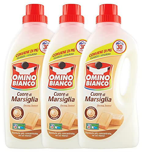 Omino Bianco - Detersivo Lavatrice Liquido, 90 Lavaggi, Rispetta Colori e Tessuti, Fresco Profumo con Essenza Cuore di Marsiglia, 1500 ml x 3 Confezioni