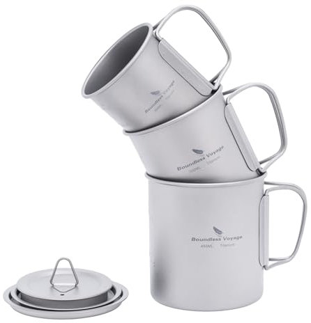 iBasingo 200ml 300ml 450ml Camping Titanium Mug Lightweight Outdoor Water Cup Tea Coffee Drinkware with Lid & Foldable Handle Indoor Picnic Daily Portable Tableware Ti3046D