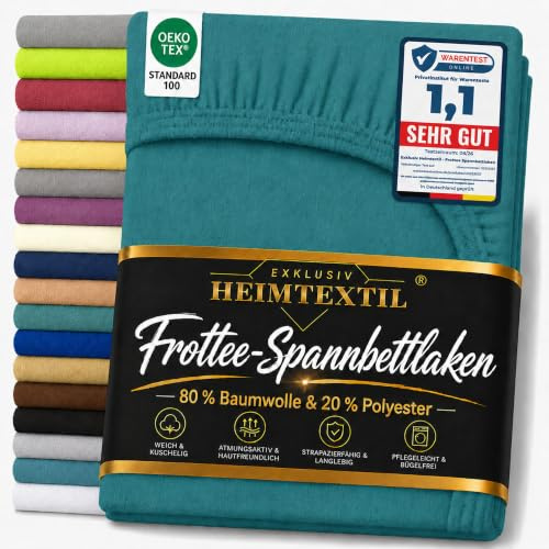 Exklusiv Heimtextil Frottee Spannbettlaken Marke 90-100 x 200 cm 80% Baumwolle, 20% Polyester Öko - Tex Zertifiziert, Markenqualität, Matratzenhöhe bis 25 cm, Petrol