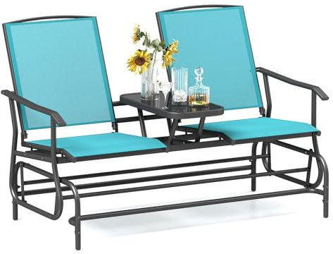 Tangkula 2 Person Swing Glider Chair, Patio Rocking Loveseat w/Center Tempered Glass Table, Outdoor Swing Bench w/Steel Frame & Breathable Mesh Fabric for Porch, Balcony, Poolside (Turquoise)