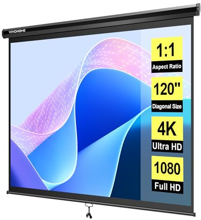 VIVOHOME 120 Inch 1:1 Pull Down Projector Screen, HD 4K Retractable Movie Screen for Indoor Home Theater and Office, Manual Projection Screen with Auto Locking (84Wx84H Inch Display Area)