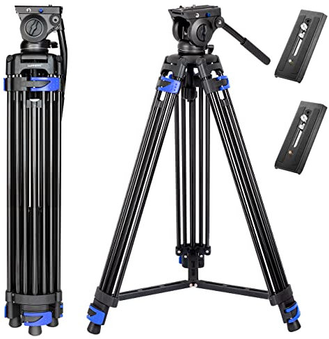 Heavy Duty Tripod 72 inch, Lusweimi Professional Aluminum Video Camera Tripod with 2 Pcs Universal Quick Release Plate, 360 Degree Fluid Head and Mid-Level Spreader, Max Load 17Lbs for DSLR (BLUE)