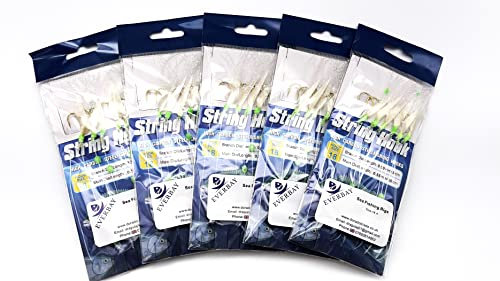 EVERBAY Fishing Sea Rigs 5packs Multi Hooks for Mackerel Pollock Sea Bass Cod Feather Baits, Sea Lures Boat Fishing Tackle,Real Fish Skins,Hooks with Luminous Beads for Saltwater size #18/6hooks