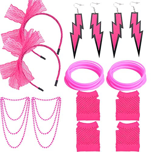 NAUZE 80s Fancy Dress Costume Accessories Lace Headband Fishnet Gloves Neon Earrings Necklace Silicone Bracelet for Women Ladies 1980s Retro Party