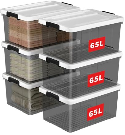 Cetomo 65L*6 Plastic Storage box, Tote box,Organizing Container with Durable Lid and Secure Latching Buckles, Stackable and Nestable, 6Pack, transparent black with Black Buckle