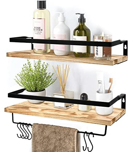 TIMESETL 2 pack Floating Shelves with 6 Hooks, Wood Wall Shelves, Wall Mounted Shelf, Wooden Shelves for Bedroom, Bathroom, Living Room, Kitchen, Office