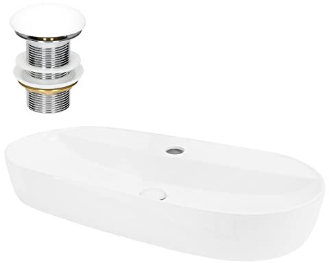 ML-Design Lavabo en Céramique, Blanc, 80x40x12 cm, Forme Ovale, Garniture de Vidage 1 1/4, Vasque á Poser, Design Moderne, Lavabo à Main, Lavabo de Comptoir Élégant, pour Salle de Bain/WC d'Invités