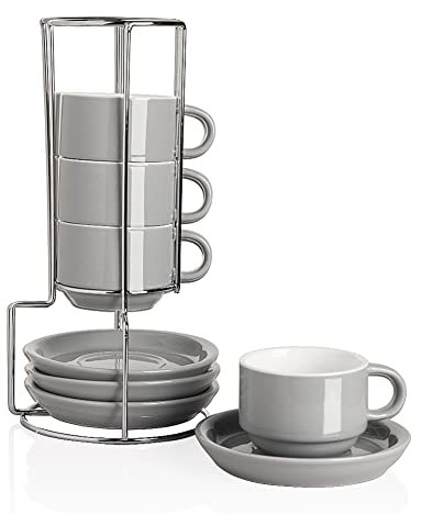 Sweejar Home Tazas de capuchino de porcelana con platillos y soporte de metal, tazas de espresso apilables para bebidas de café especiales, latte, americano, té, juego de 4 (gris, 120 ml)
