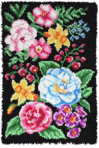 ROCKY&CHAO Latch Hook Kits for Adults, Flower 20x15Inch, DIY Latch Hook Flower Rug Kit 50x38cm, Home Carpet Rug Making Kit, Cross Stitch Embroidery Kits Needlework Crafts Rug for Home Decor