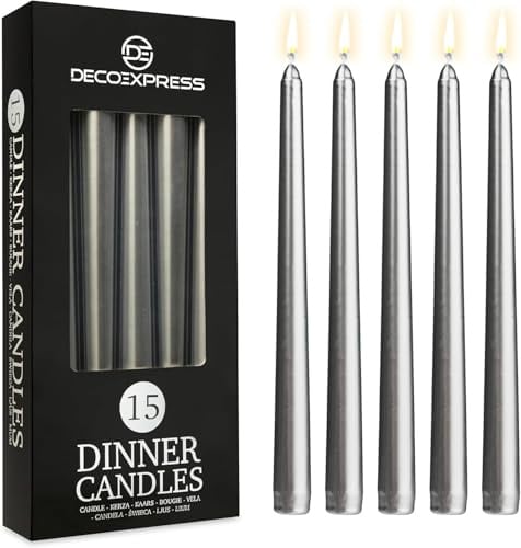 DECO EXPRESS Velas Decorativas - Set 6, 10, 15 o 50 Velas Larga Duracion sin Goteo, 8 Horas de Quema, sin Fragancia (Plata, Paquete de 15)