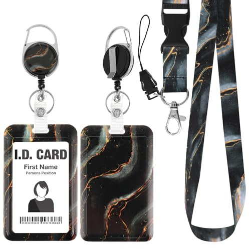 Amabro Marmor Ausweishalter Lanyard Set, Marmor Druck Ausweishalter, Kunststoff Ausweishalter einziehbarer Ausweishalter mit abreißbarem Schlüsselband vertikaler Kartenschutz (schwarz)