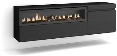 Skraut Home | TV-Schrank, Lowboard | für Wohnzimmer und Esszimmer | 150x45x35cm | Für TV-Geräte bis zu 65 | Elektrokamin. Maße | Hängend | Moderner Stil | Schwarz