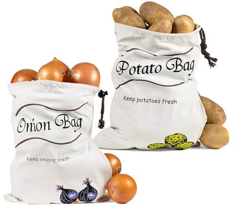 Kartoffel Zwiebel Aufbewahrung Baumwolle Kartoffelsack Klein mit Seitlichem Reißverschluss für Frische Aufbewahrung 2pcs (26 * 35cm)