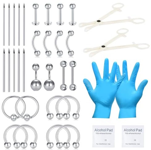 NIUSIMAN 36PCS Piercing Set Kit für alle Body Piercing Edelstahl Self Piercing Kit Lippen Augenbraue Rook geschnitzt Barbell Septum Piercing Schmuck Bauchnabel Piercing Kit mit 14G 16G Piercing Nadeln