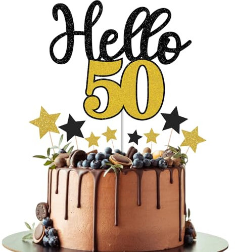 Gidobo Happy 50th Birthday Cake Toppers for Men Women, Hello 50 Black Gold Cake Decorations with Star Cupcake Toppers for 50th Birthday Party Cake Decorations