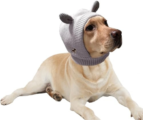 LERTREEUK Haustier-Strickmütze Winter Warme Hundemütze Balaclava Thermokopfbedeckung mit niedlichen Ohren für große Hunde (Grau)
