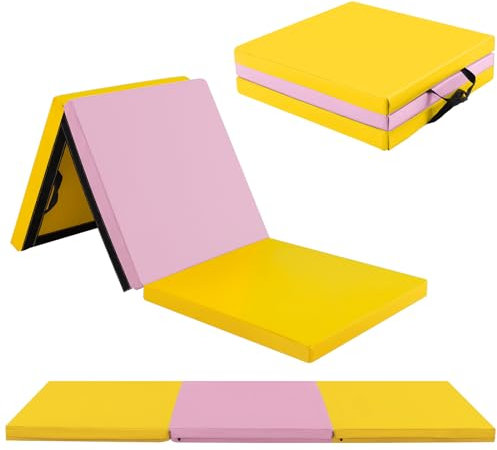 GOPLUS Weichbodenmatte, 180 x 60 x 5 cm Yogamatte rutschfest mit Klettverschlüssen & Tragegriffen, Gymnastikmatte klappbar aus Kunstleder, Turnmatte zum Trainieren von Gymnastik & Yoga (Gelb + Rosa)