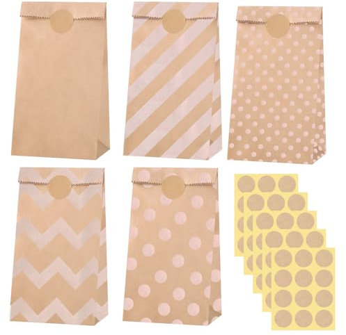 50 Stück Papiertüten Braun Klein, 18x9x5.5cm Geschenktüten Klein Kraftpapiertüten Mitgebsel Tüten Kindergeburtstag mit 60 Aufkleber für Ramadan Kalender Ostern Geburtstag Hochzeit (5 Stile)
