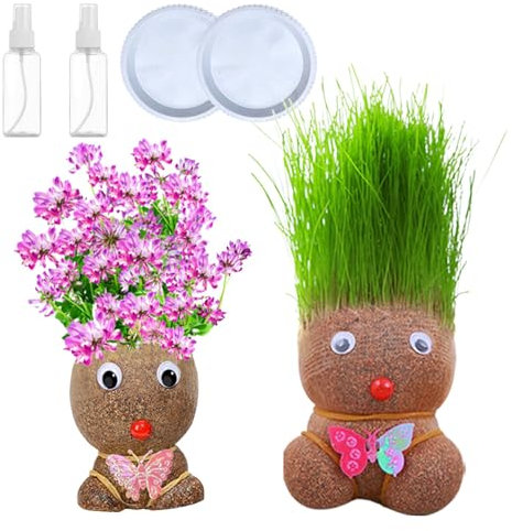 HTKL Flower Head Grass Head Dolls Plant, 2 Stück Graskopf Puppen Pflanze, Mini Bonsai Gras Kopf Figure Puppen, Züchten Sie Ihre Eigene Pflanze, Desktop Grünpflanzen, Gartendeko Geschenk